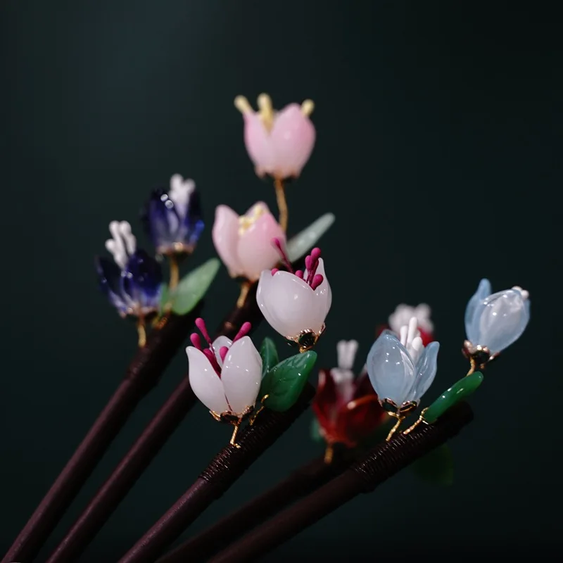 Floral Hair Pins Handmade Wooden Twist Bun Pin Chopsticks Flower Hair Clips Chinese Hair Stick Hanfu Headdress Hair Accessories