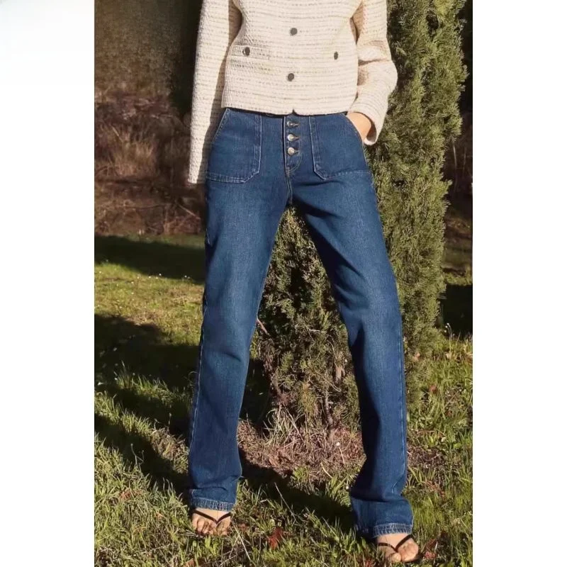 

High Waist Bell Bot Denim Jeans Women's Spring Faion Straight Leg Long Trousers Slimming Effect Button Detail