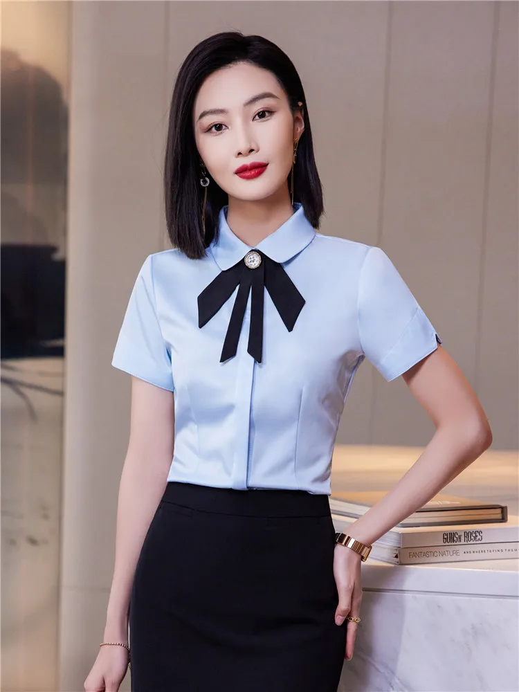 Women\'s White Short Sleeve Blouse Simple Workwear Chic Shirt Detachable Bow Tie Light Blue Top Work Clothes Summer 2023