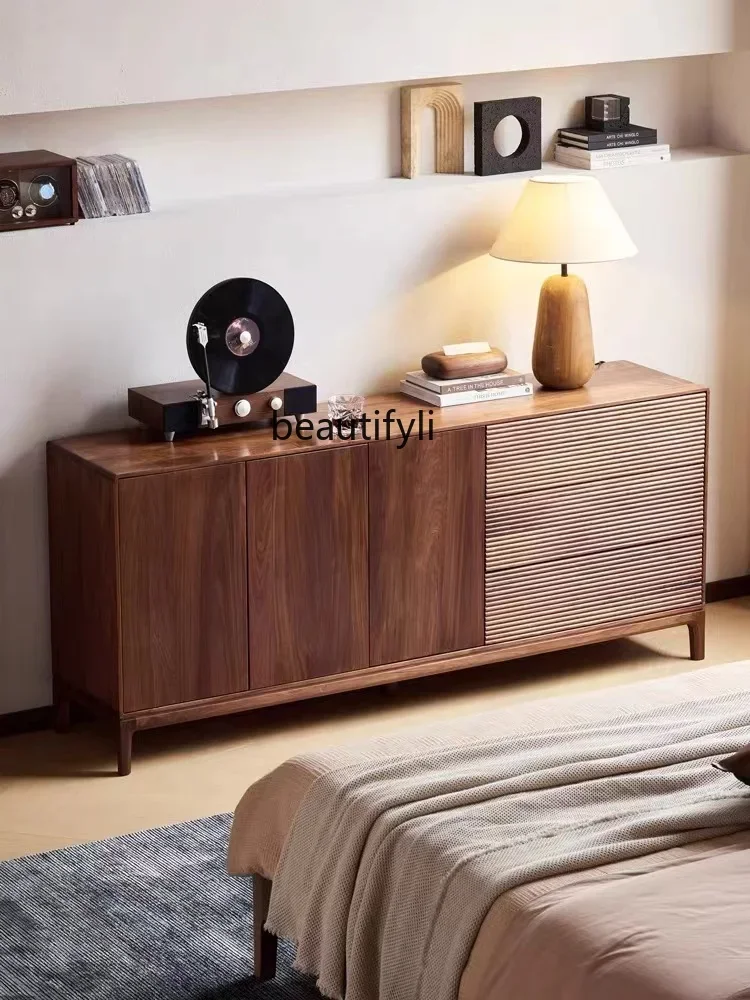 

zxqzxqNordic Solid Wood Black Walnut Wood Sideboard Cabinet Solid Wood Tea Cabinet Living Room Grille Wall Locker furniture