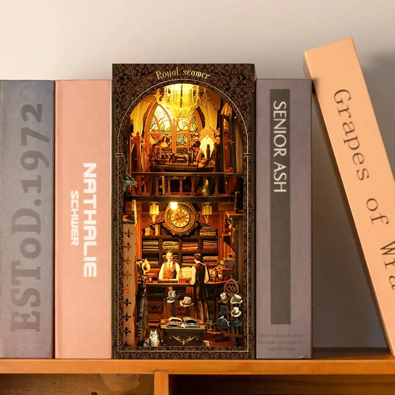 

DIY деревянный книжный уголок, наборы пол, деревянная миниатюрная модель, комплект королевской швейной машины, подставка для книг, книжная полка ручной работы, подарки