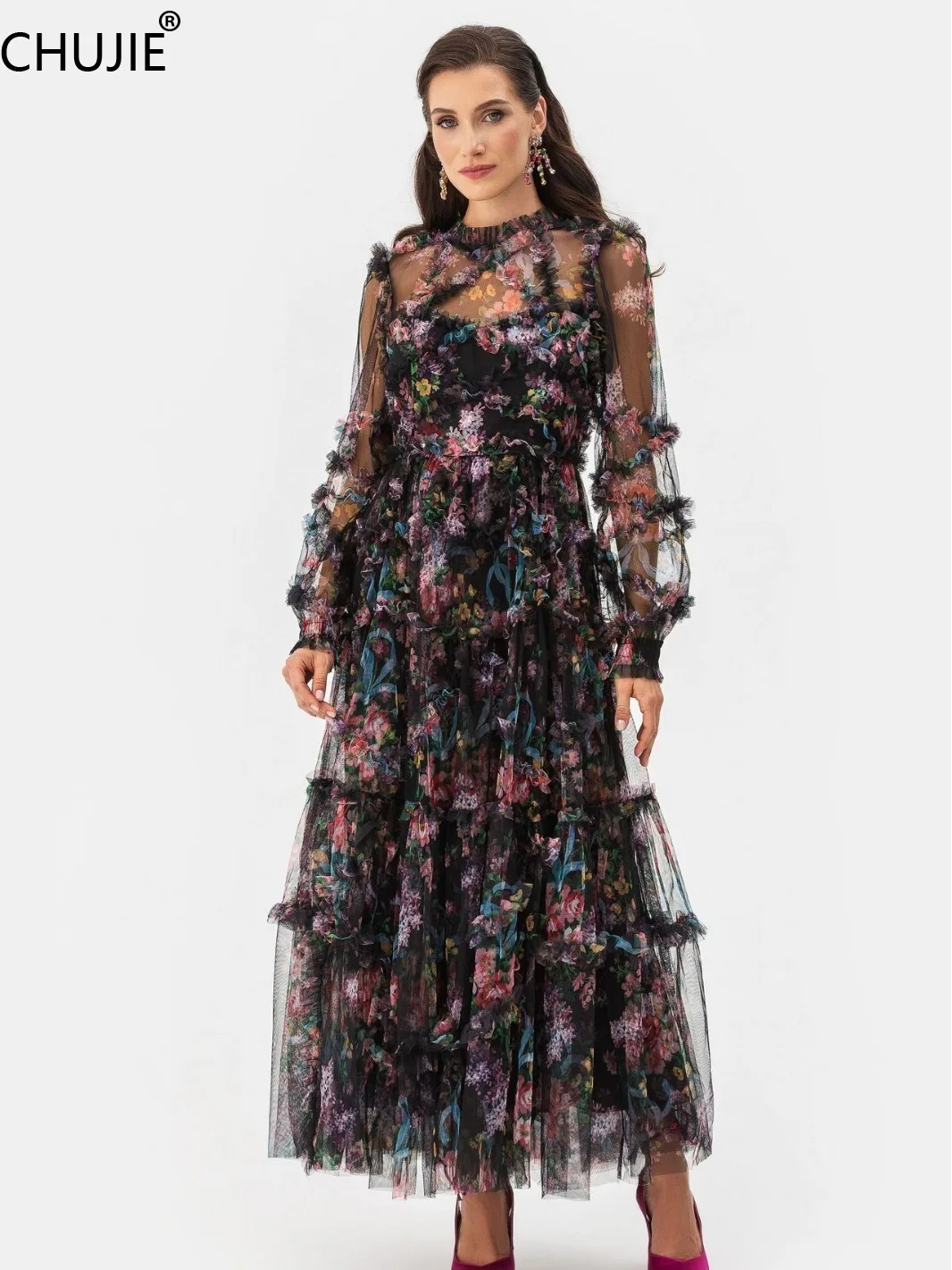 

CHUJIE Women's Dress Mesh pleated elegant dress long sleeved sweet dress 2025 Spring New