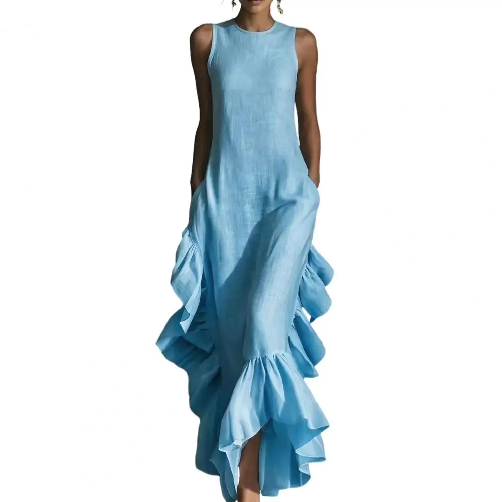 

Women Solid Color Dress Elegant Swing Dress Crew Neck Beach Dress for Office Party Cocktail Beach Wear
