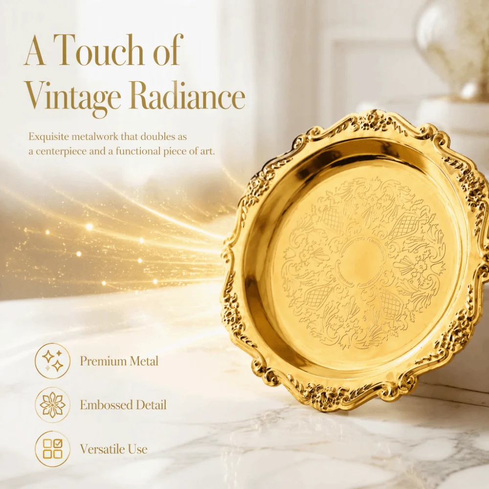 2pcs Golden Color Metal Serving Plate 4 Inch Diameter Carved Edge Fruit Decorative Plate Vintage Style Round Food Tray