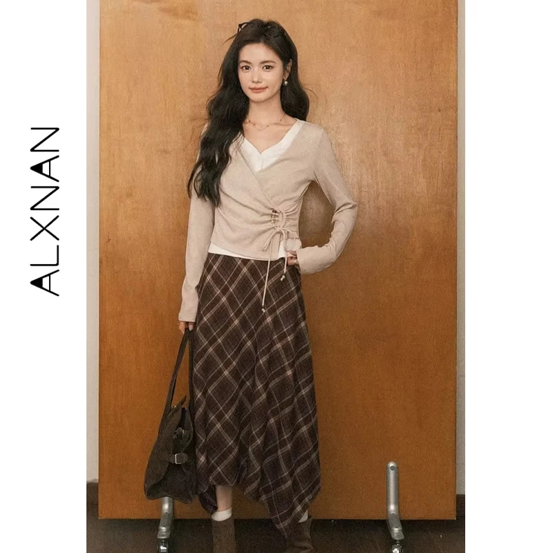 ALXNAN T-shirt a maniche lunghe da donna Design asimmetrico Coulisse Cravatta Dettaglio Autunno Nuovo scollo a V Ritagliata Falsa Top in due pezzi L569112