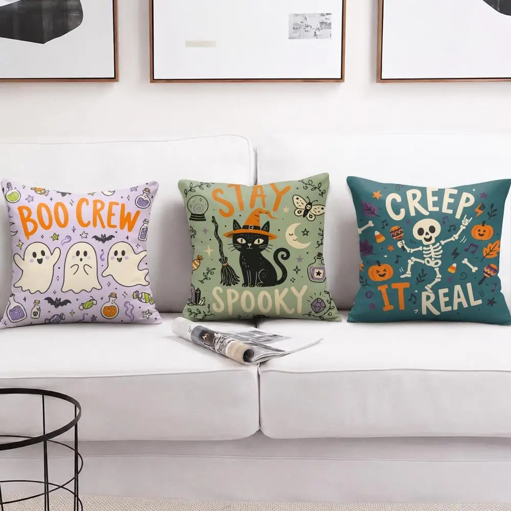 Vintage Halloween Typography Cushion Cover Soft Short Plush Pillow Cover Smooth Cozy Texture Aesthetic Cushion Case Home Decor