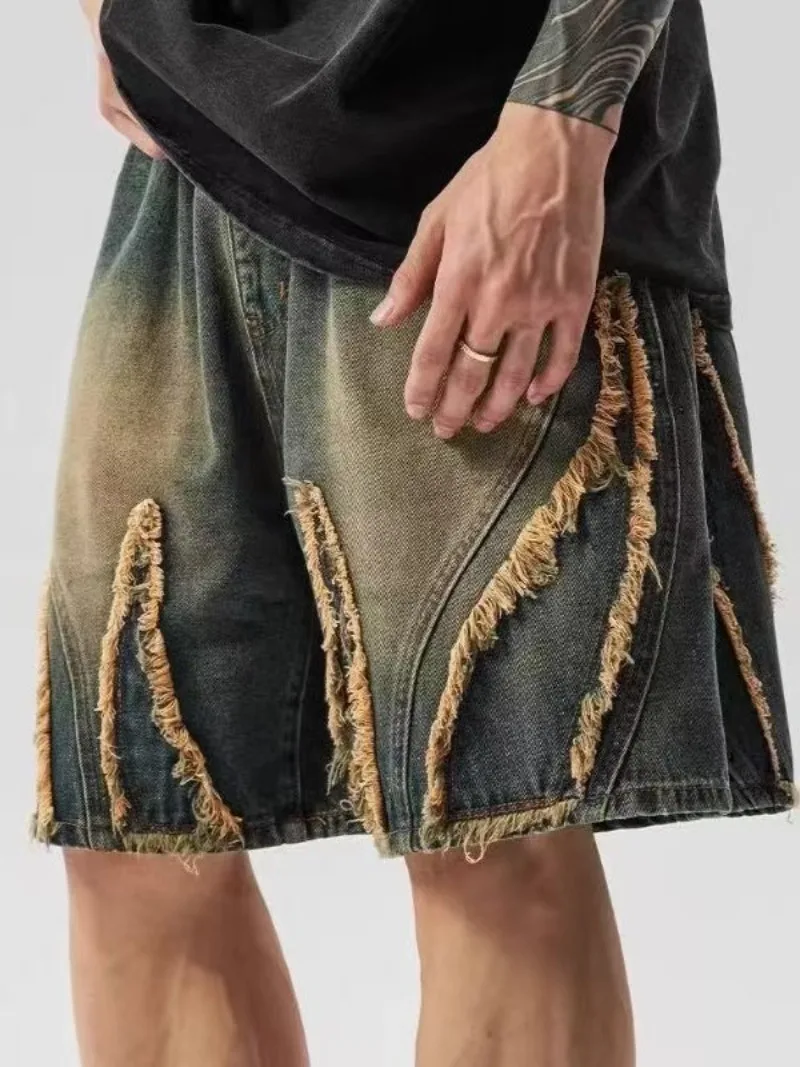 

Панк хип-хоп модные фланцевые повседневные мужские джинсовые шорты американская готика Harajuku модные джинсы с высокой талией пара свободных капри брюки