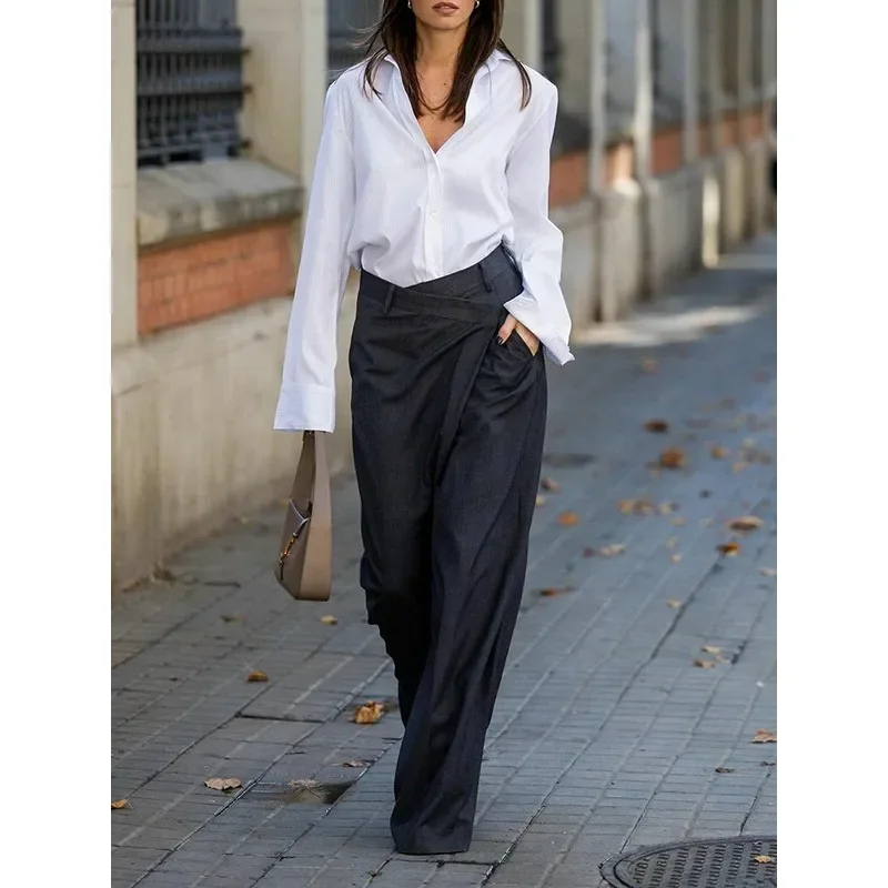 Yeezzi Urban Female Asymmetric High Waisted Suit Pants 2024 New Fashion Black Gray Color Floor-Length Wide Leg Office Trousers