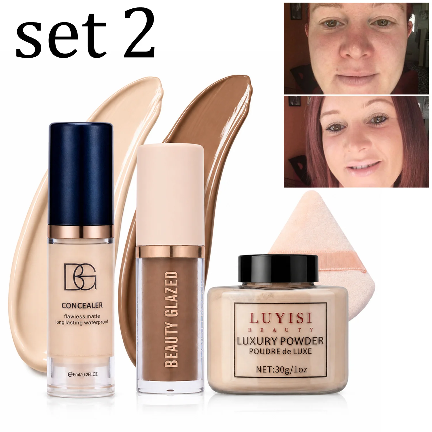 4pcs/Set:Concealer,Contour,Loose Powder&Puff,Full Face Sculpting&Setting Kit,Waterproof Long-Lasting Matte Effect,Oil-Control.