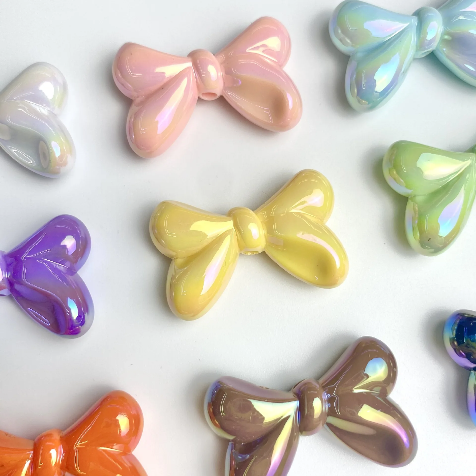 

DIY Jewelry Findings AB Pastel Colors Ribbon Bow Style Acrylic Plastic Beads Fit Girls Summer Ornament Accessory 24*36mm 60pcs