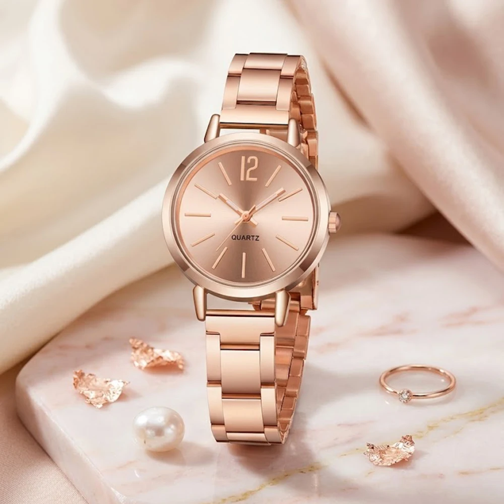 5Pcs/Set Unisex Jewelry Watches Women's Wristwatch Accessories Rose Gold Trendy Fashionable Elegant Classic Exquisite Light Luxury Simple Rhinestone Luxury Quartz Watch Set Y2K Suitable for Travel, Vacation, Parties, Daily Outfits, Perfect Holiday Gift