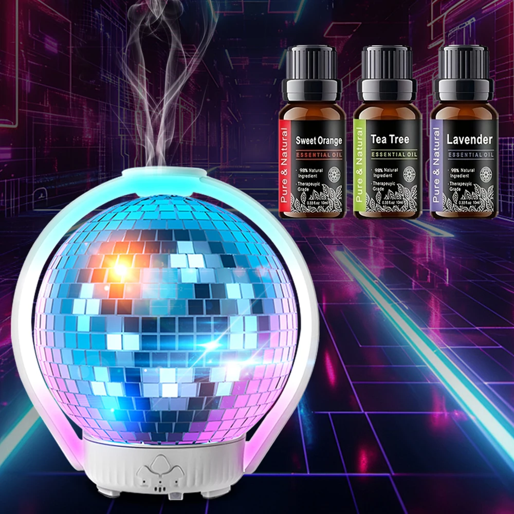 Humidificador de aromaterapia con luz LED 360 °   Bola láser de rotación Atmósfera romántica Silencioso, relajante, incluye 3 aceites esenciales