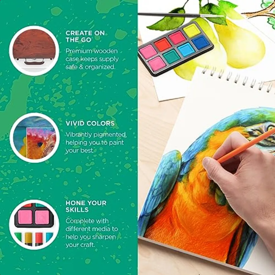 Set artistico da 144 pezzi in scatola di legno con cassetto Set artistico per adulti Adolescenti Parole d'arte premium Include pastelli ad olio per acquerelli Pastelli Pastelli
