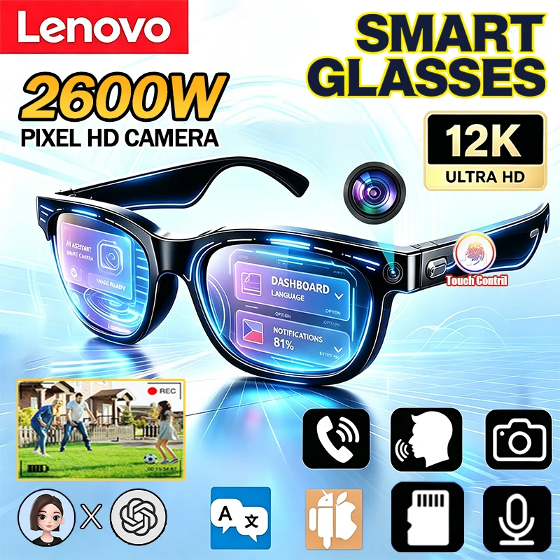 Lenovo 12K HD Smart Glasses AI Translation Bluetooth Conversation Recording Listening To Music Smart Sunglasses for Men Women