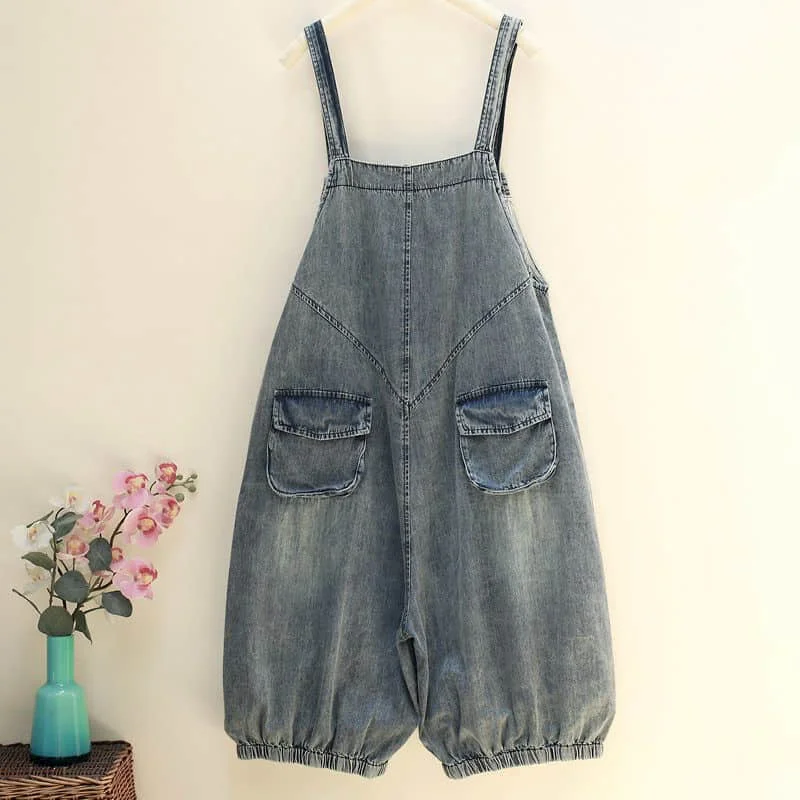 Denim Jumpsuits Women Vintage Korean Style One Piece Outfit Casual Cropped Rompers Printed Lantern Jeans Summer Women Clothing