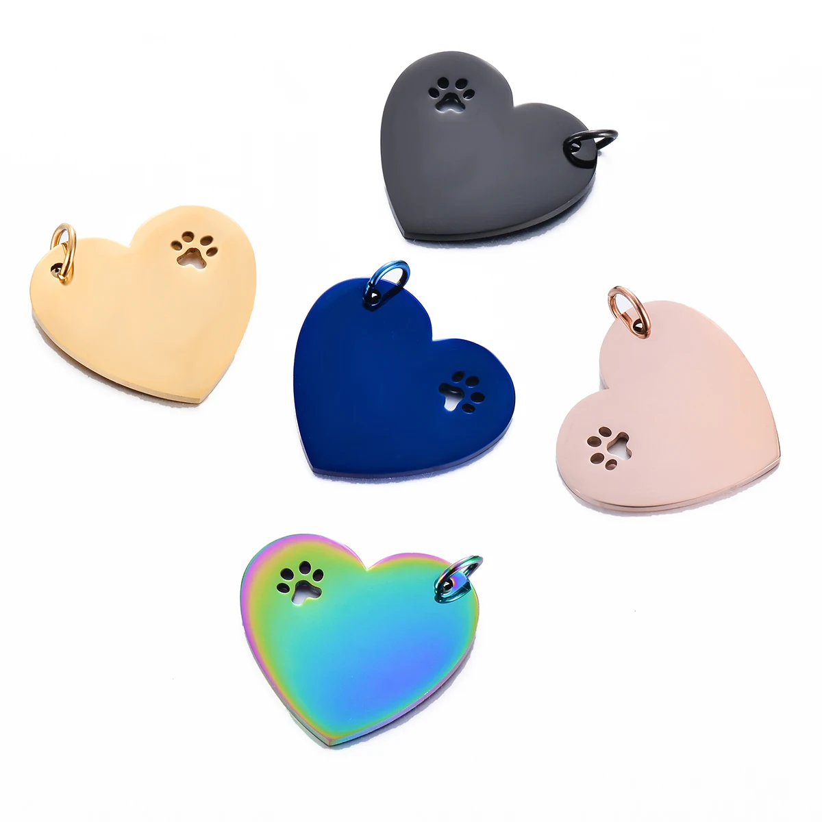 10pcs Wholesale Stainless Steel Pet ID Heart Tag Metal Charms with Dog Paw Blank Plate DIY Necklace For Name Logo Products