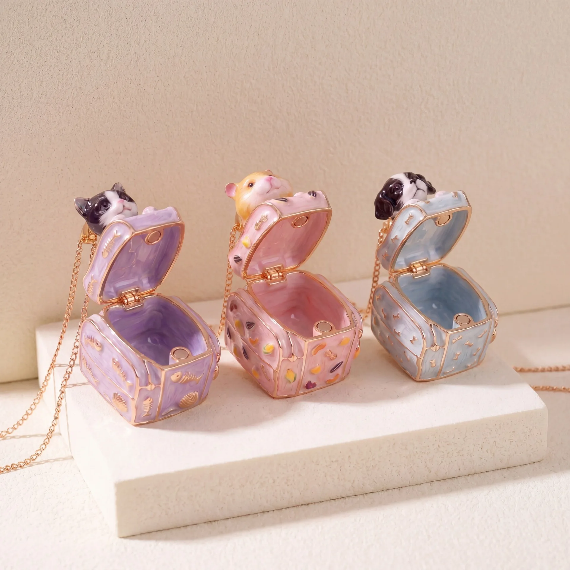 Cute Mini Box Pendant Necklace for Women Girls Animal Opening Puppy Necklace Hamster Luggage Cat Necklace Jewelry Accessory Gift