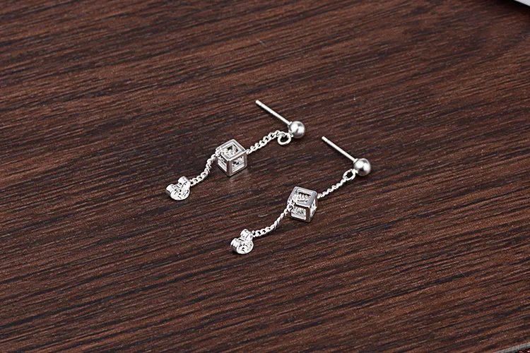 Simple Elegant 925 Silver Cube Love Window Zircon Tassel Sugar Drop Earrings for Women Sterling Brincos Oorbellen Best Gift