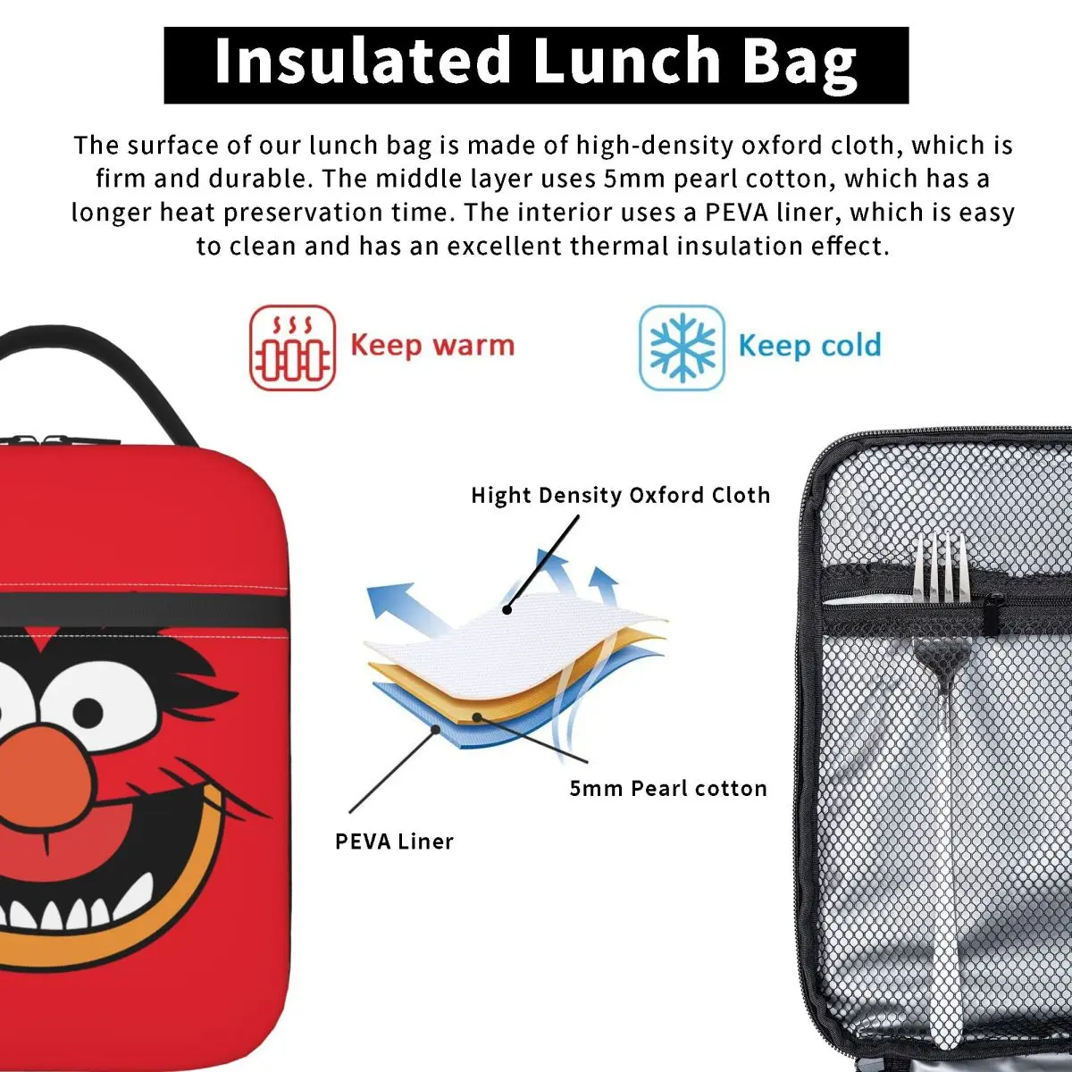 Muppets-Bolsa de almuerzo con aislamiento para disfraz de Animal, contenedor de almuerzo portátil, bolsa refrigeradora, fiambrera, bolsa de comida de viaje universitaria