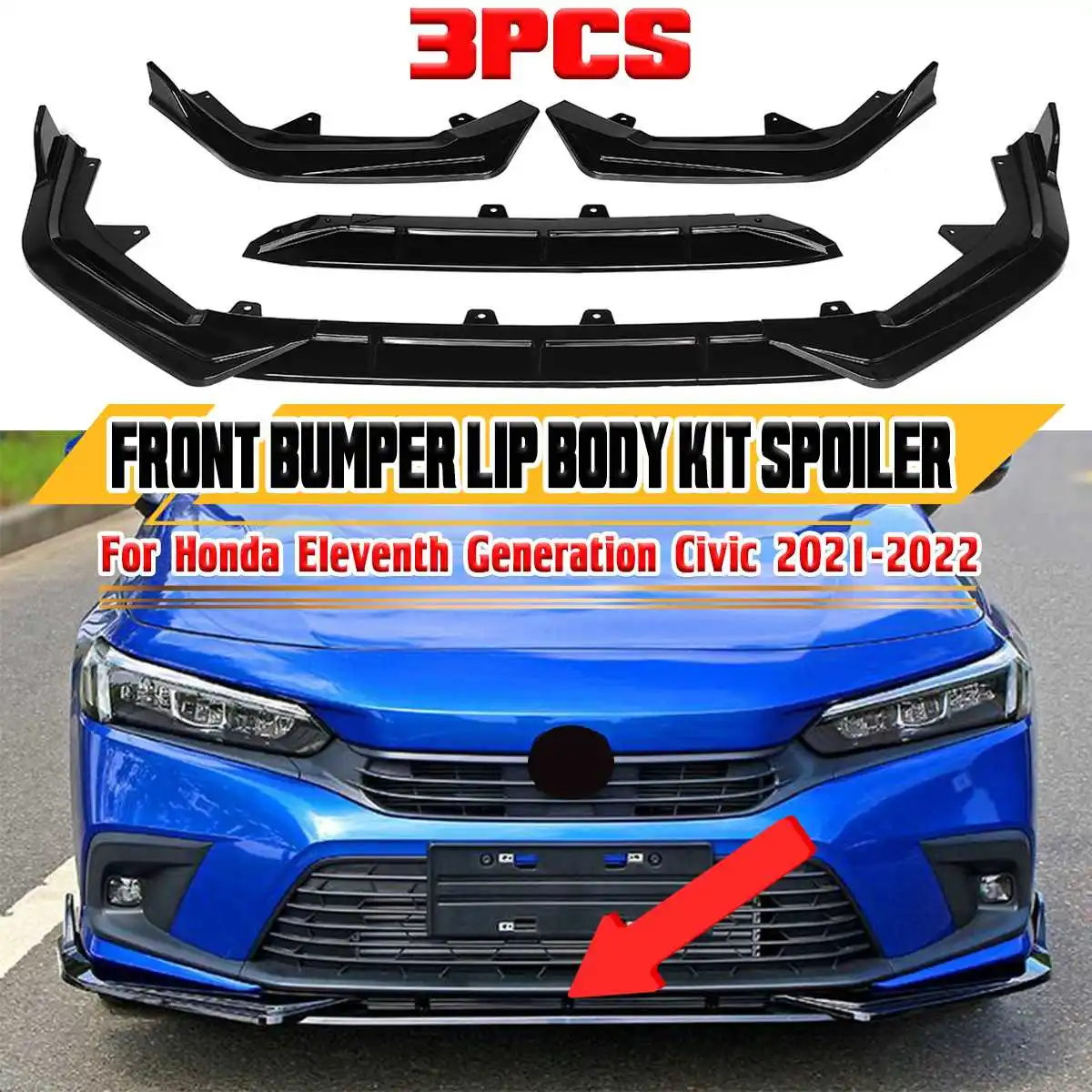 

New Detachable Car Front Bumper Splitter Lip Spoiler Bumper Diffuser For Honda Eleventh 11th Generation For Civic 2021-2022