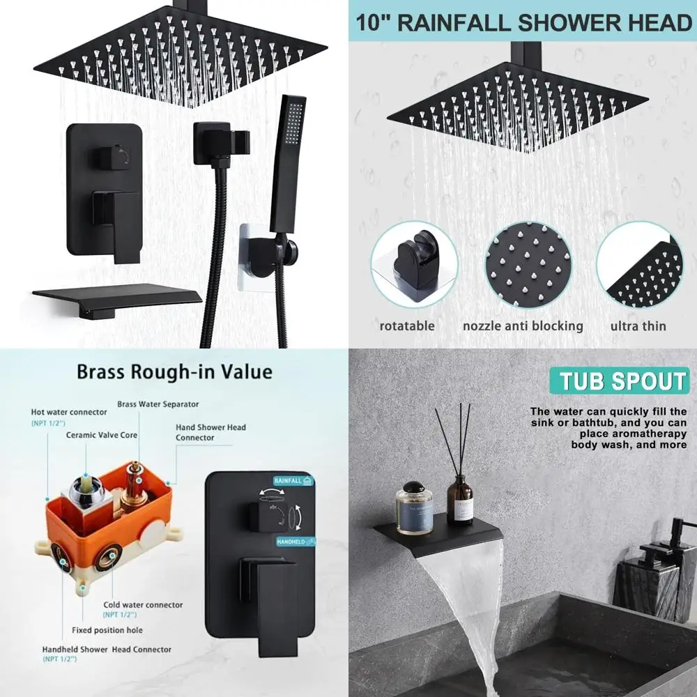 

Ceiling Mounted Rainfall Shower System with 10 Inch Showerhead and High Pressure Handheld, Complete Bathroom Mixer Set