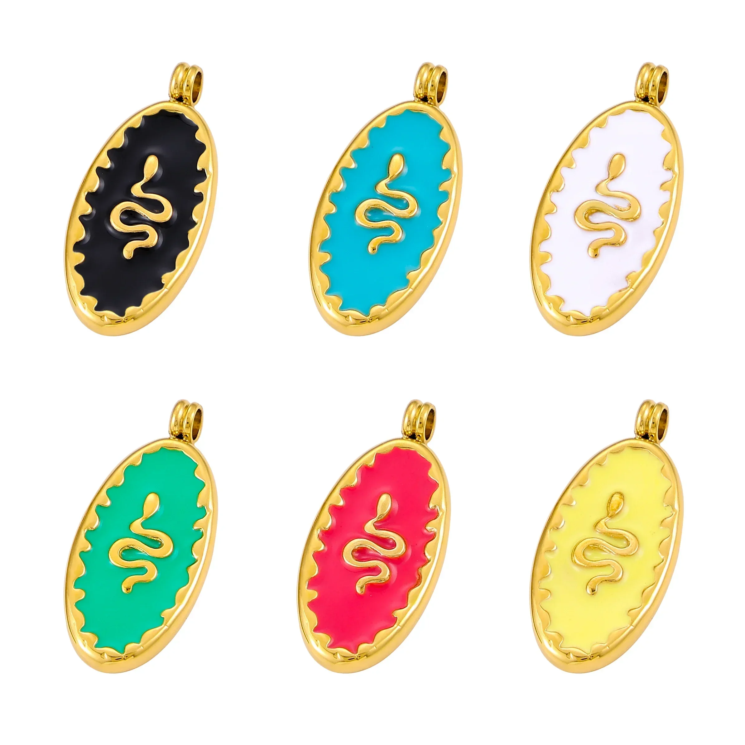 Snake Enamel Oval Charms for Jewelry Gold Plated Wavy Edge Colorful Pendant Bulk DIY Bracelet Necklace Handmade Craft Supplies