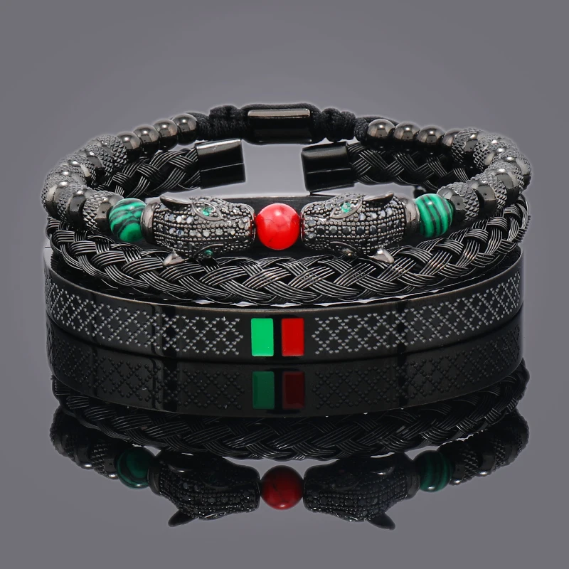 Luxury Set Leopard Head Charms Beaded Man Bracelet Stainless Steel Green Red Bangles Women Jewelry Gift