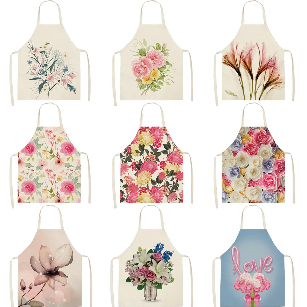 Cotton Linen Flower Floral Pattern Women Apron for Home Decorative Kitchen Restaurant Cooking Bib Aprons 55x68cm
