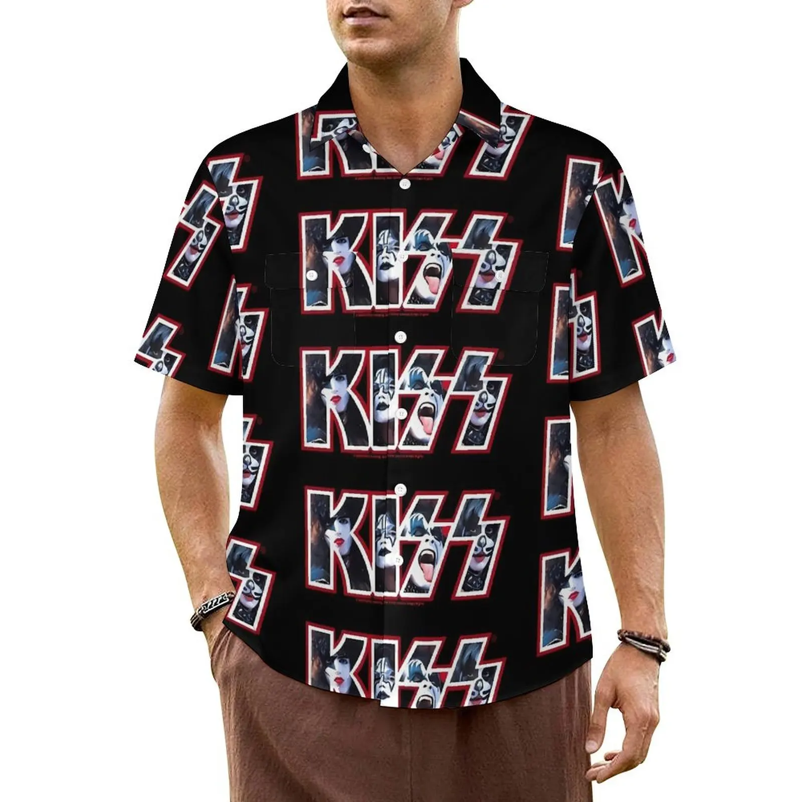 

Повседневная рубашка Kiss Band, свободные Гавайские рубашки с принтом логотипа Kiss, мужская пляжная уличная одежда с коротким рукавом и рисунком блузки оверсайз