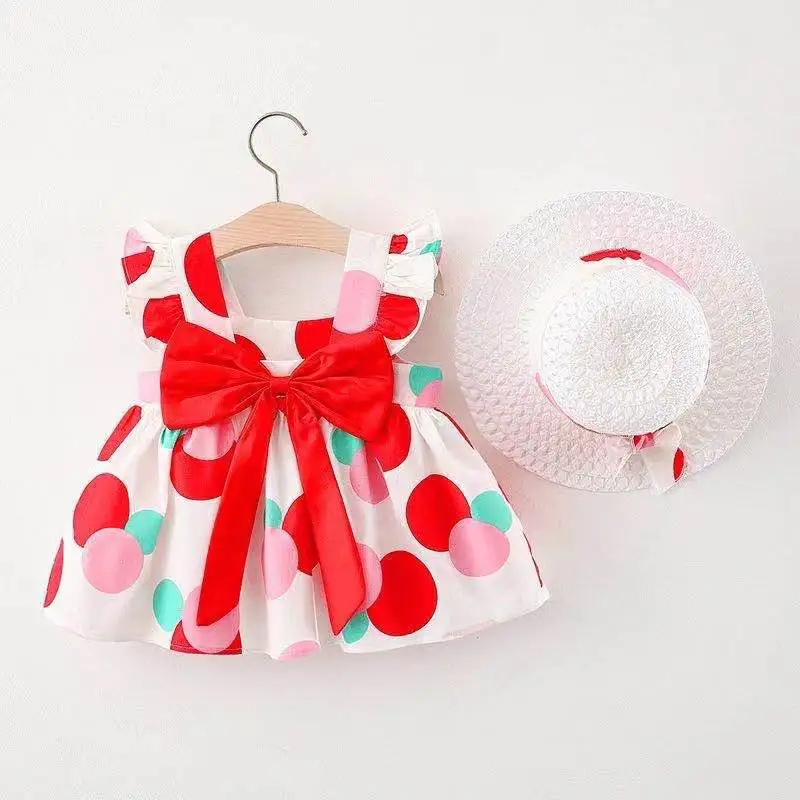 Summer Baby Girl's Dress Round Dot Print Chest Bow Casual Dress with Hat