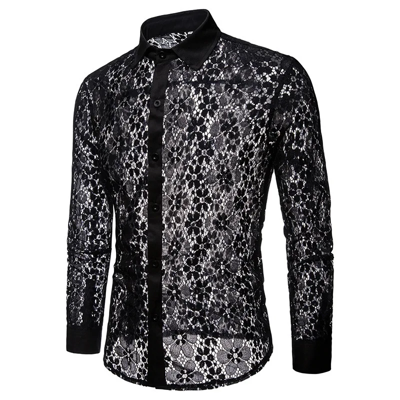 

#4668 Black White Lace Mens Shirts Long Sleeve Sexy Thin Hollow Out See Through Clothes Party Night Club Dance Streetwear Shirts