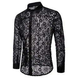 #4626 Black White Lace Mens Shirts Long Sleeve Sexy Thin Hollow Out See Through Clothes Party Night Club Dance Streetwear Shirts