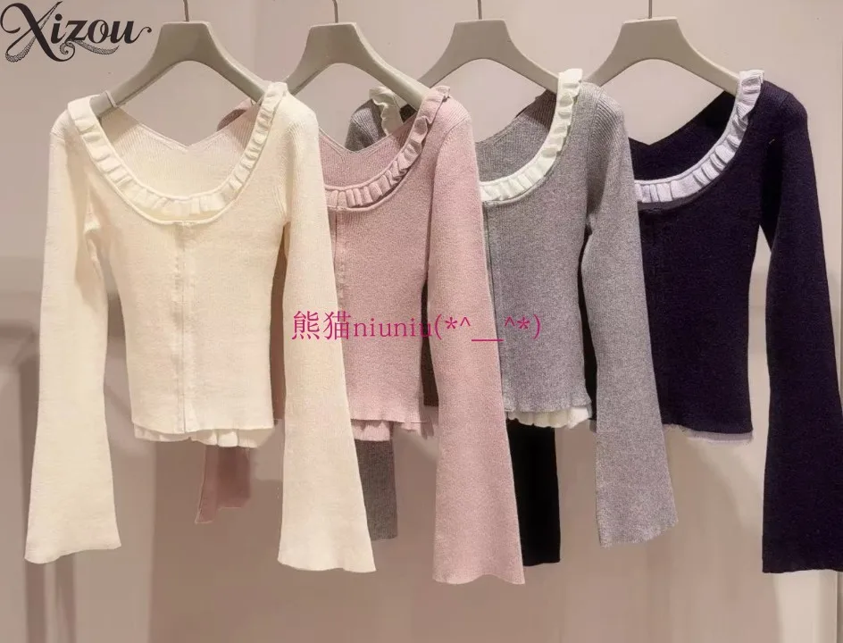 Sweet Base Shirt Patchwork Ruffled U-Neck Slim Fit Fake Two-Piece Short Knitted Top Spring Autumn Round Neck Pullover Sweater