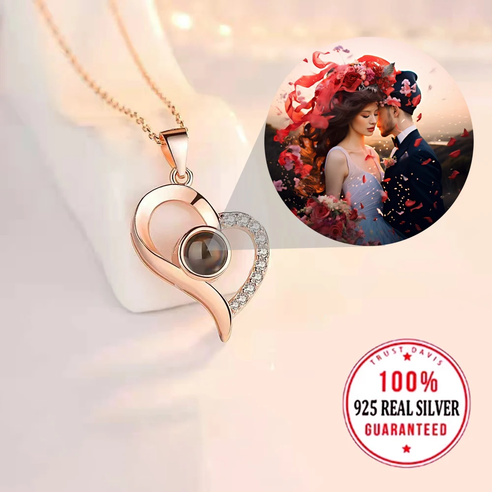 S925 Silvery Custom Color Picture Projection Heart Necklace For Mom Girlfriend 2025 Valentine Mother Day Birthday Romantic Gifts