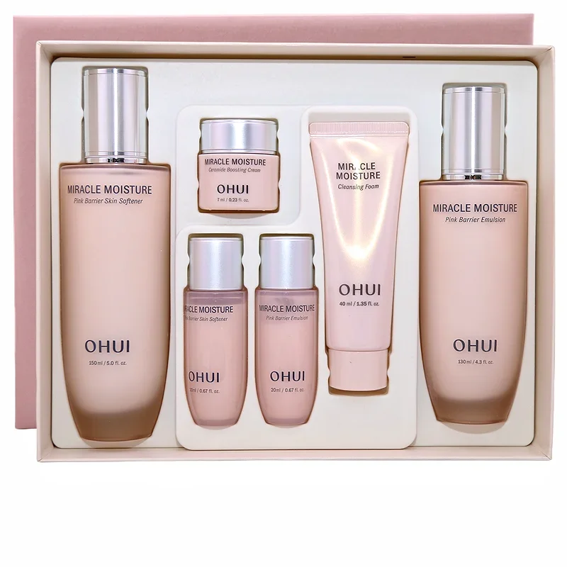 Ohui Pink Miracle Hydration Set Toner Emulsion Moisturizing Nourishing Cream Air Cushion Foundation Korean Beauty Skin Care Kit