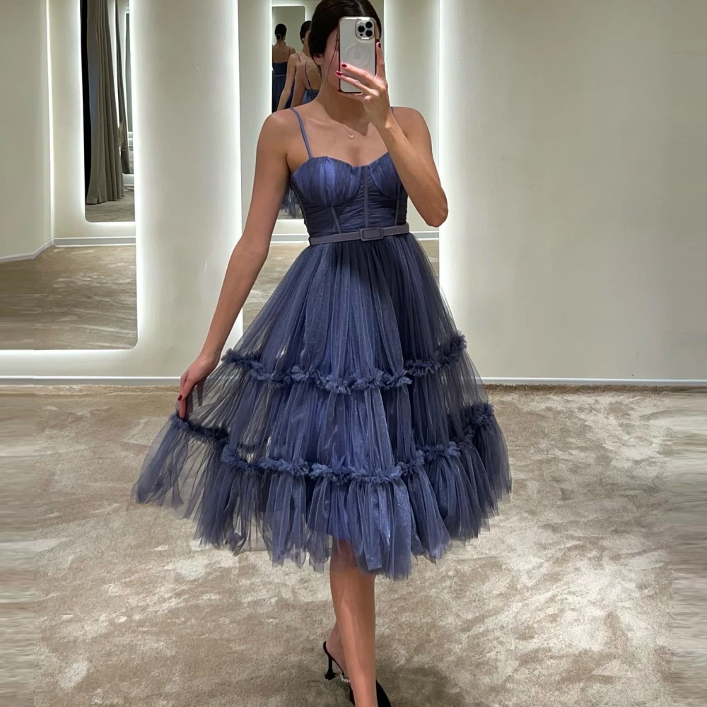 

Carolina Spaghetti Straps Evening Dresses Women Sleeveless Tulle A-Line Elegant Short Wedding Guest Elegant Formal Party Gowns