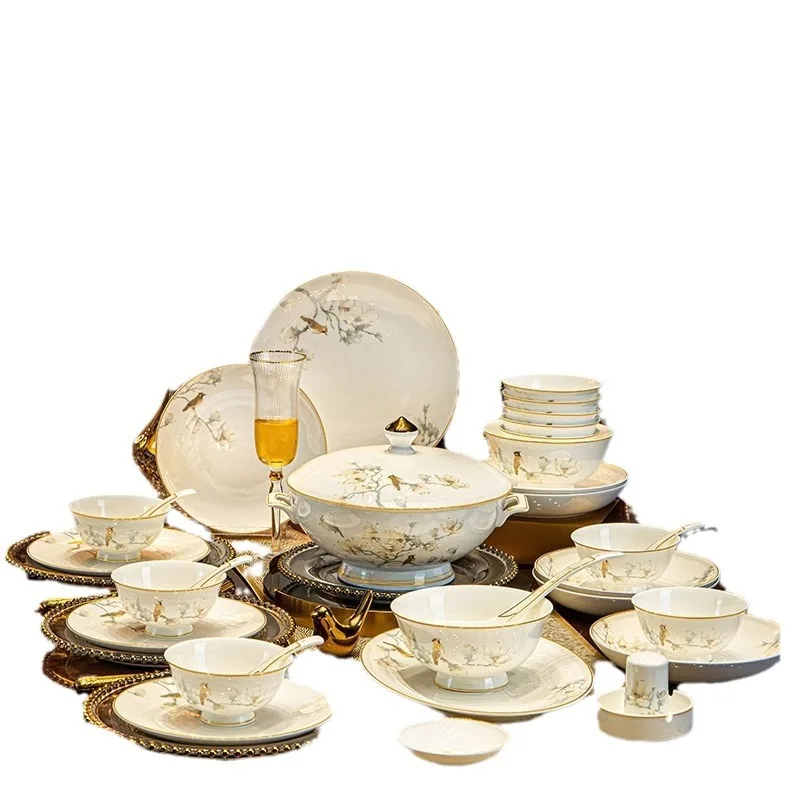 

High-end dishes set, household, bone china tableware, housewarming Chinese ceramic dishes