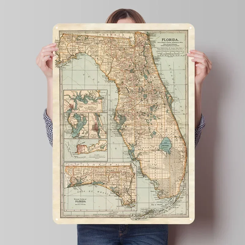 FLORIDA PORTRAIT Poster Map Metal Sign Man Cave Custom Tin Plaques for Wall Art Decoration Coffee Bar Accessories Bathroom Decor