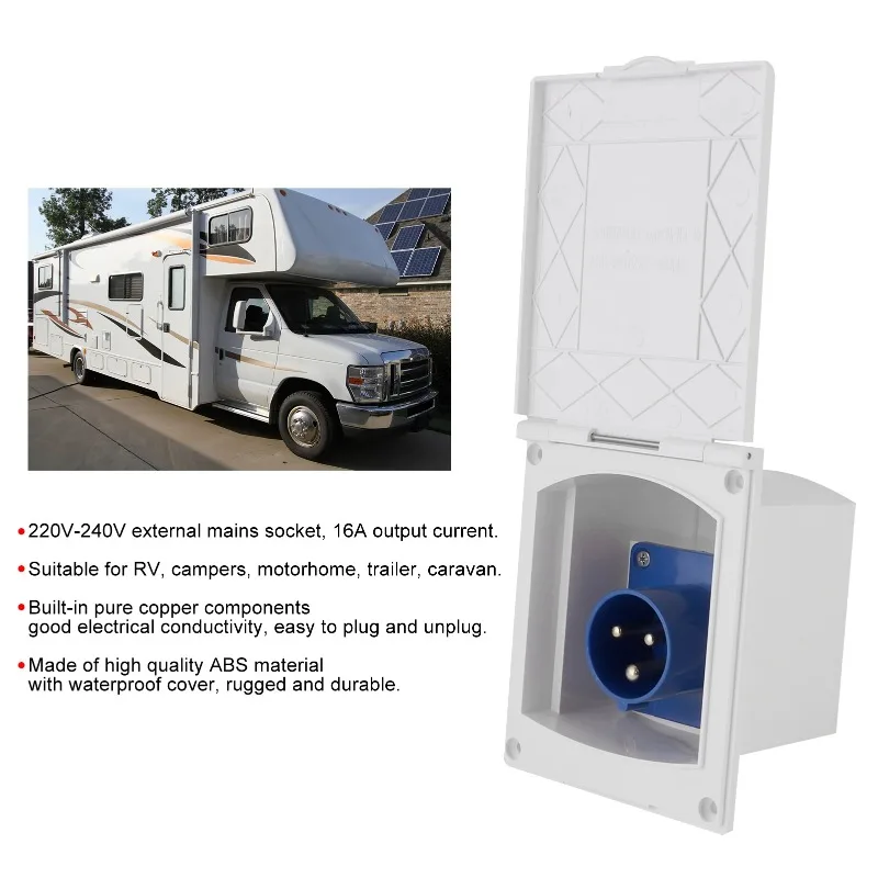 16A 220‑240V Motorhome Socket, Waterproof External 3‑Pin Flush‑Mount Female Socket, RV Caravan Trailer Power Outlet Interface