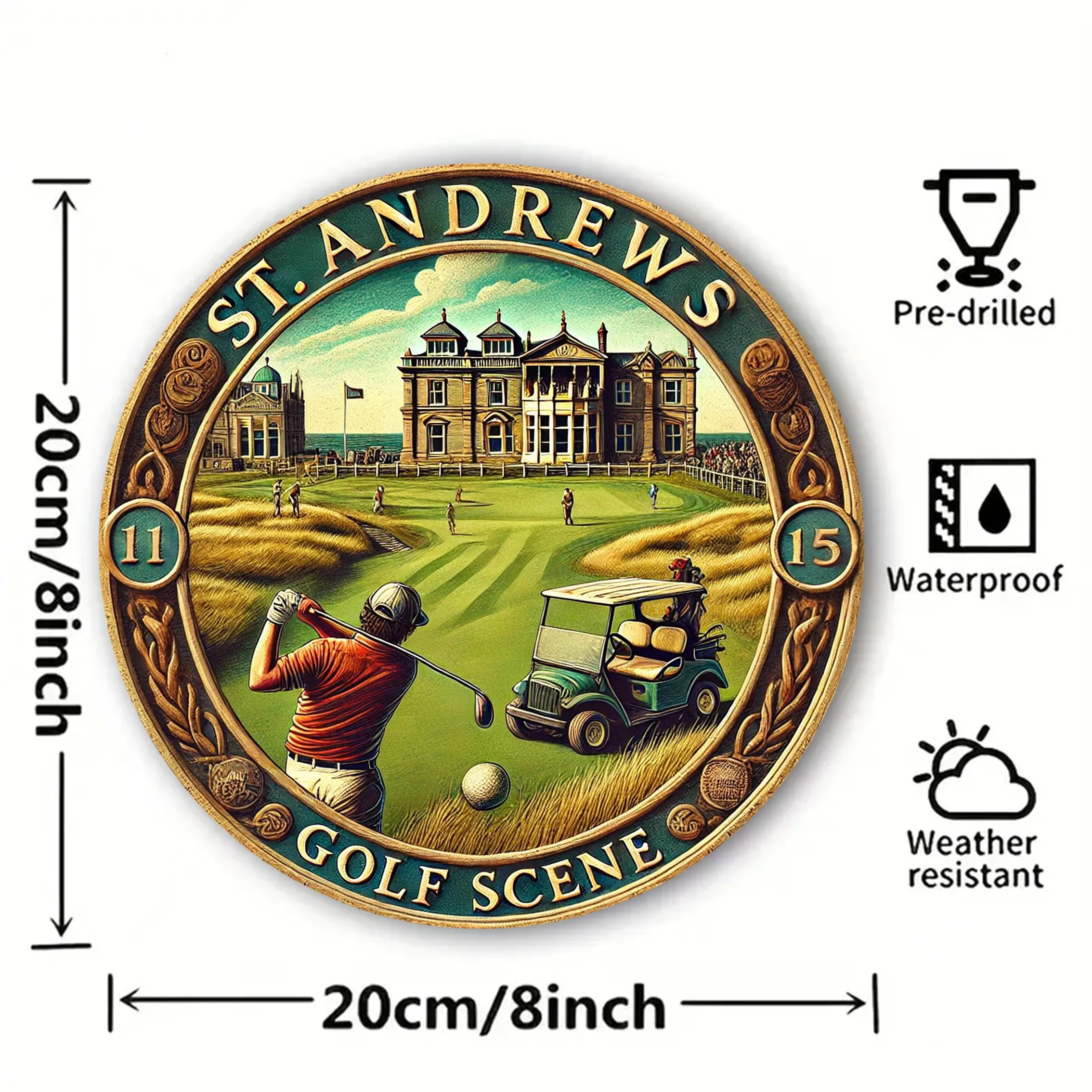 Golf Estate Vintage Metal Round Wall Art Sign, 1pc 8X8 Inch (20X20 Cm), Aluminum Engraved, Waterproof, Non-Fading, Heat And Cold