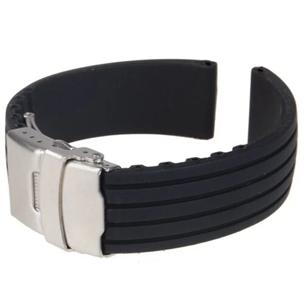 

18mm Silicone Watch Band Black Waterproof Stripes Pattern Stainless Steel Clasp Secure Quick Release Strap