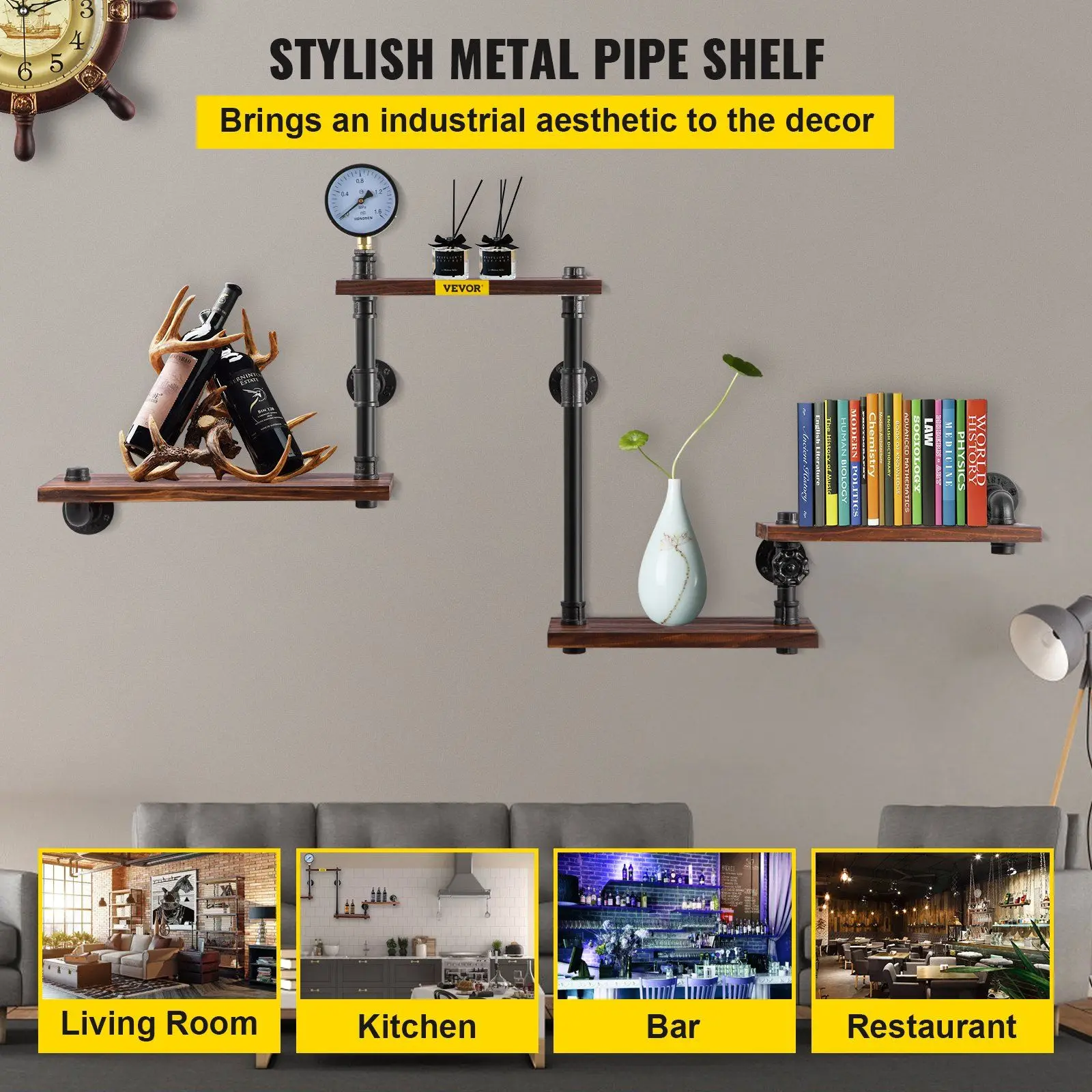 Industrial Pipe Shelving, Pipe Shelves with 4-Tier Wood Planks, Rustic Floating Shelves Wall Mounted, Wall Shelf DIY Bookshelf f