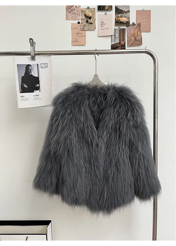 

New Encrypted Imported Raccoon Fur V-neck Double-sided Woven Real Fur Mid-length Overcoat