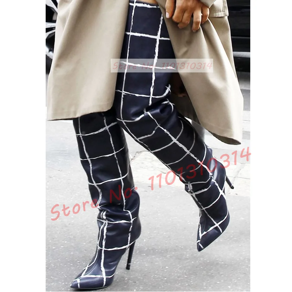 

Grid Printed Thigh High Boots Female Sexy Pointy Luxury Wrapped Stiletto High Heels Shoes Women Color Matching Side Zipper Boots