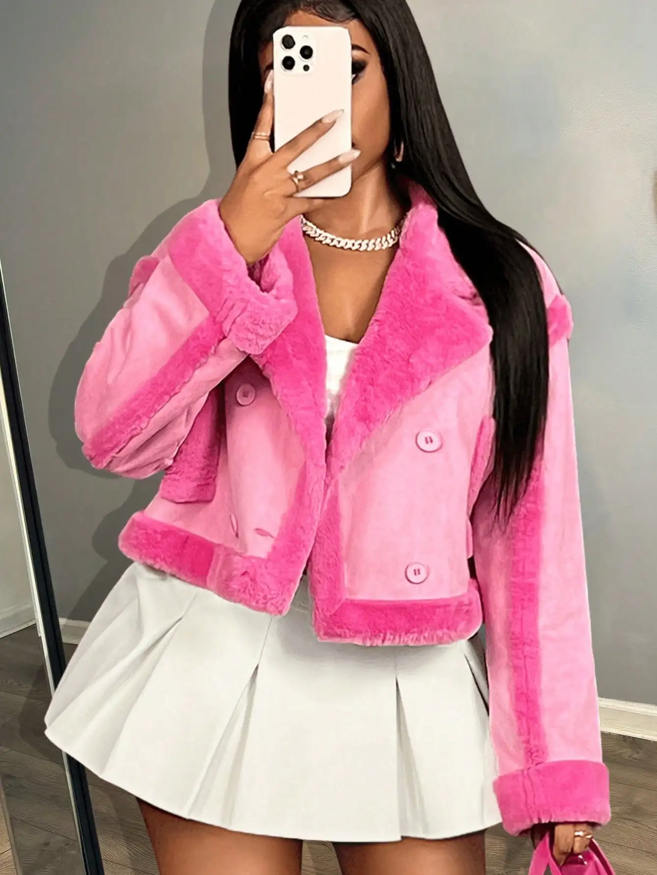 

Women's Cropped Faux Fur Trimmed Pink Jacket with Double Breasted Buttons
