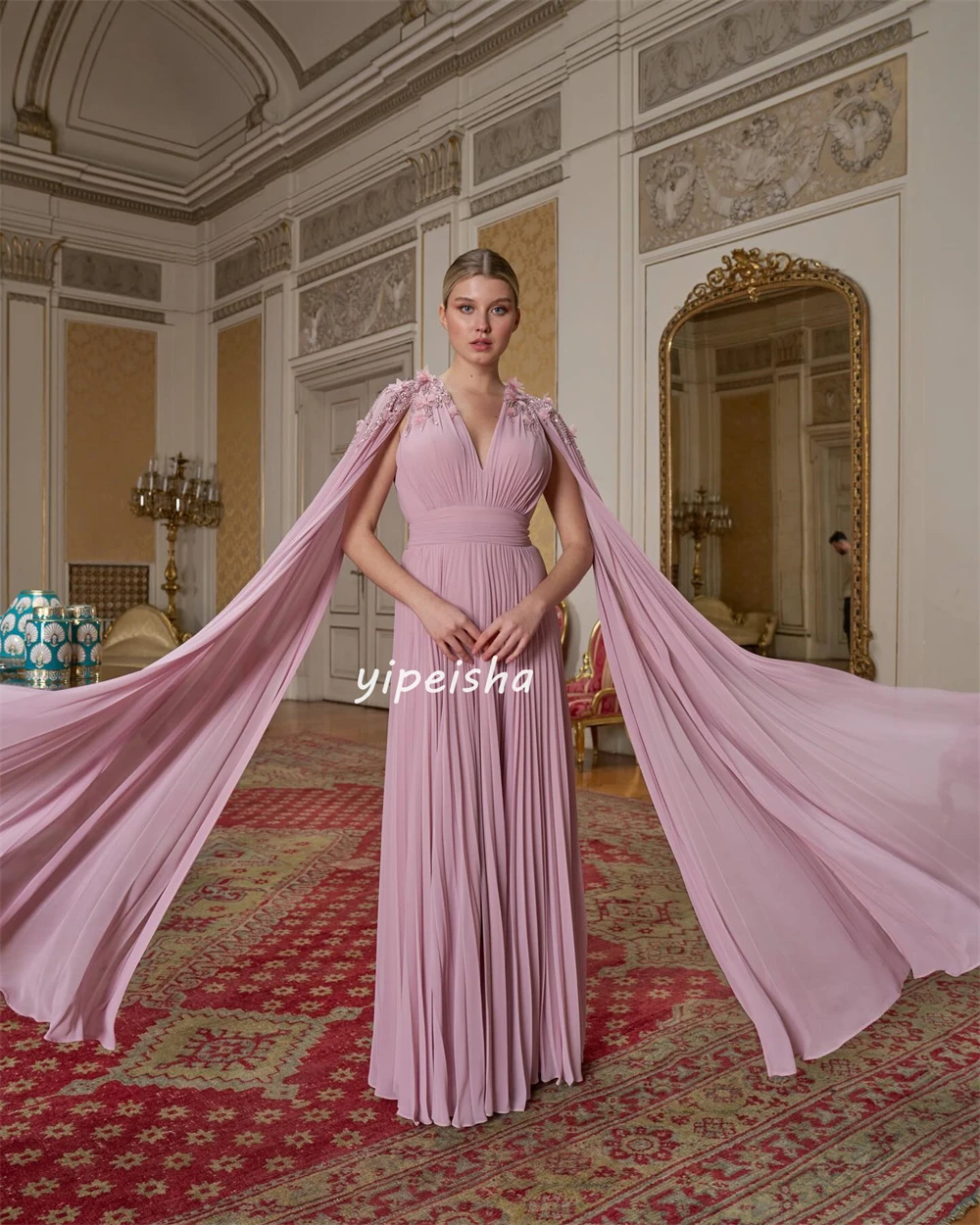 Abiti lunghi con scollo a V a trapezio con pieghe in chiffon personalizzati Abiti da ballo Classico squisito stile moderno Elegante di alta qualità