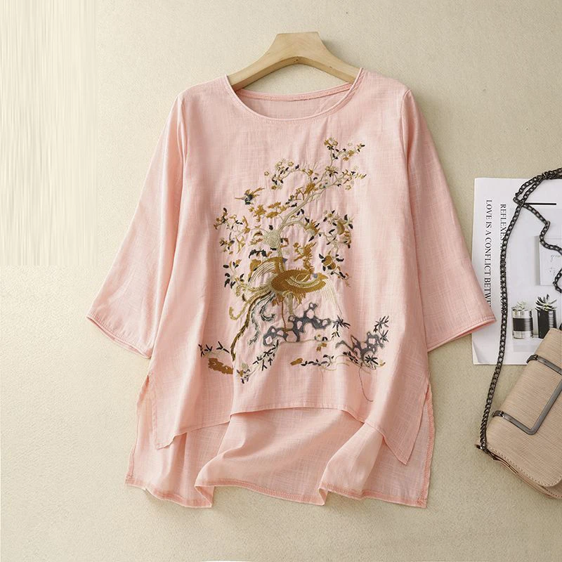 Women\'s Chinese Style Vintage Embroidery Cotton Linen Short Sleeve T-shirts 2024 Summer Ladies O Neck Loose Split Irregular Tops