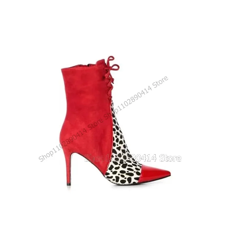 

Red Flock and Patent Leather Toe Leopard Print Boots Side Zipper Women Shoes Thin High Heels Fashion 2023 Zapatos Para Mujere