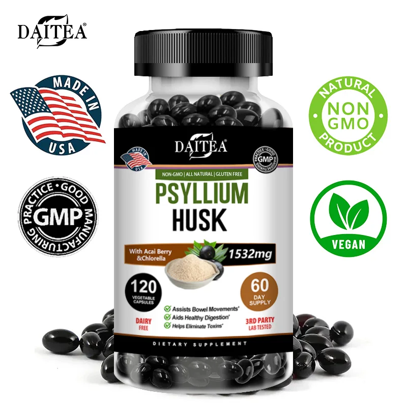 Psyllium Husk Capsules, Non-GMO, Gluten-free, Natural Soluble Fiber, Beneficial To Intestinal Digestion, Detox and Bowel Health