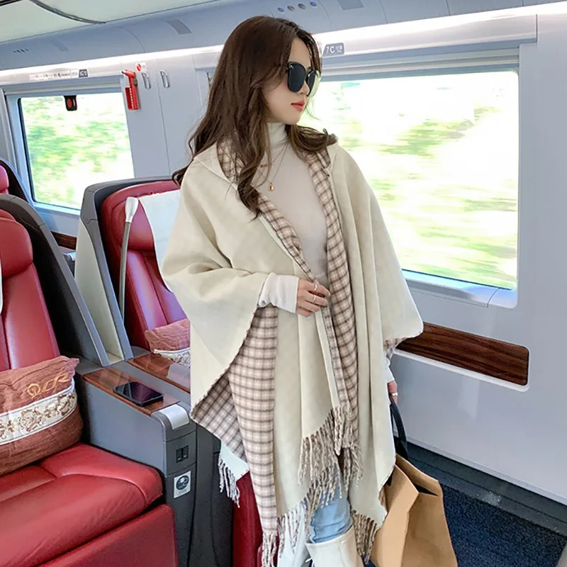 

6 Double Side Women Faux Woolen Long Cloak Out Overcoat With Hat Split Cape Big Pendulum Striped Cardigan Loose Shawl Poncho
